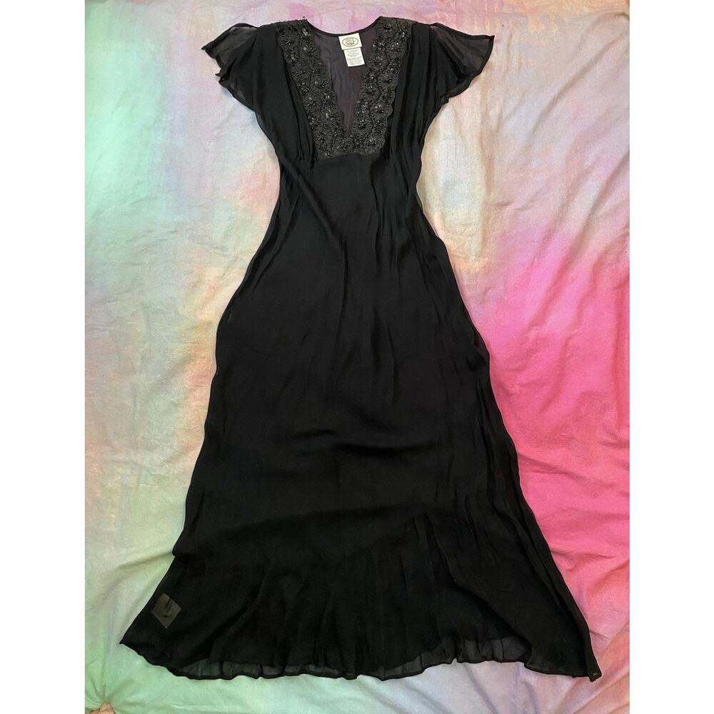 Vintage Laura Ashley Bias Cut Black Dress Sequin Flutter 30s Retro Style Sz 4 Us